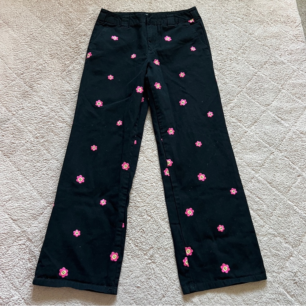 Forever 21 High Rise Happy Face Flower Embroidered Cotton Pants Preppy Sz M - Picture 3 of 7